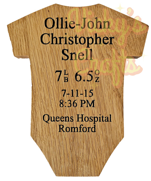 Wooden baby vest birth announcement/keepsake